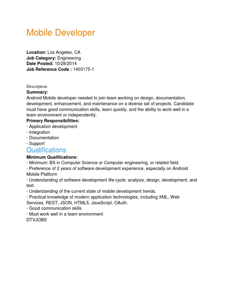 Android Mobile Developer Job in LA | PDF | Computers