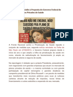 Manifesto de Repúdio À Proposta Do Governo Federal de Subsidiar Os Planos Privados de Saúde