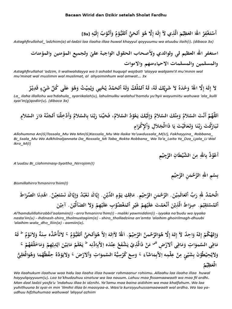 Bacaan Wirid Dan Dzikir Setelah Sholat Fardhu