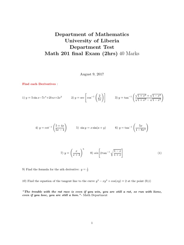 Math 201 Final Exam | PDF
