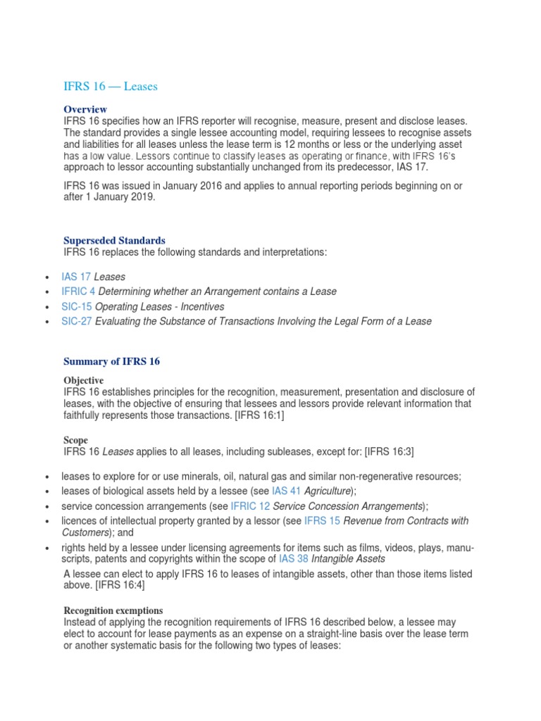 Ifrs 16 Summary New Standard for Accounting of Leases by Lessee | Lease | International ...