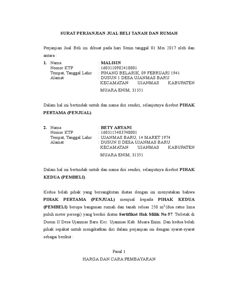 Surat Perjanjian Jual Beli Tanah Dan Rumahdoc