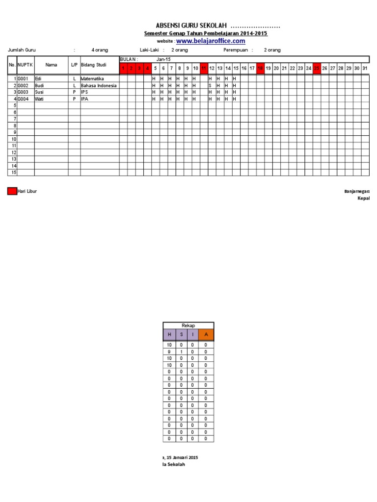 Format Absensi Guru Excel Xlsx