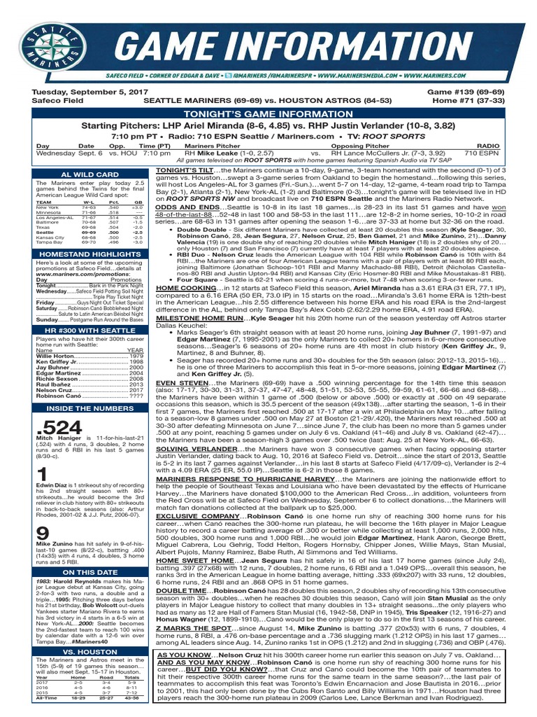 09.05.17 Game Notes PDF | PDF | Home Run | Baseball Positions