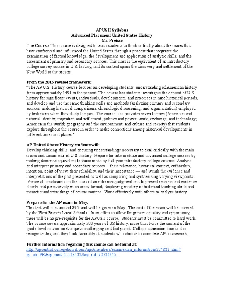 Apush Syllabus | PDF | Advanced Placement | Test (Assessment)