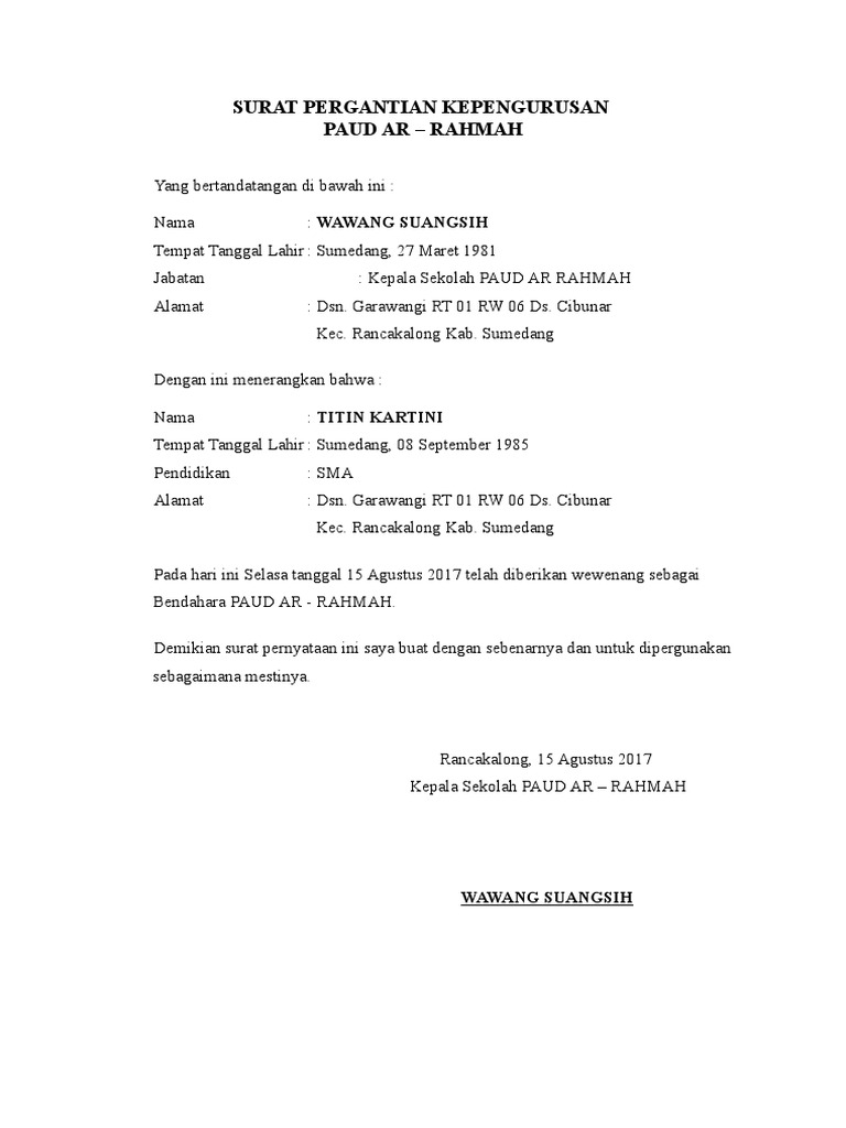 Surat Pergantian Kepengurusan