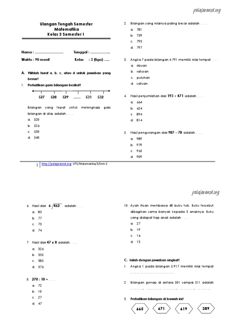 Soal Matematika Kelas 3 UTS Semester 1 | PDF