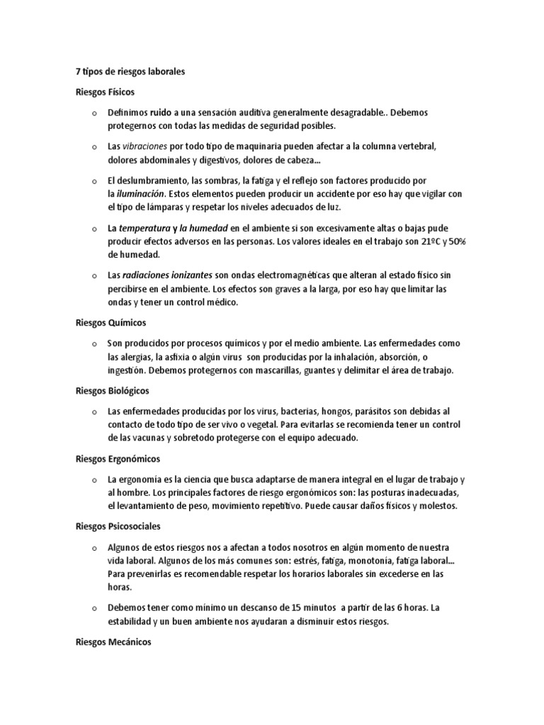 7 Tipos de Riesgos Laborales | PDF | Factores humanos y ergonomía ...