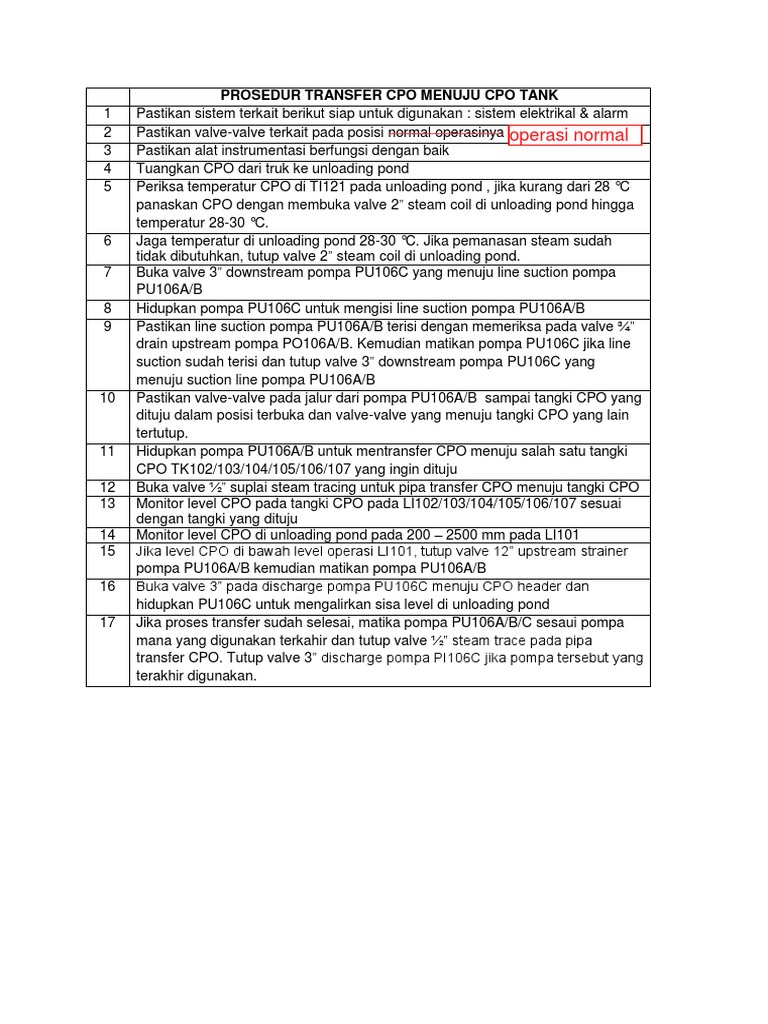 Prosedur Unloading CPO Menuju CPO Tank Rev 0 (Adit Comment) PDF | PDF