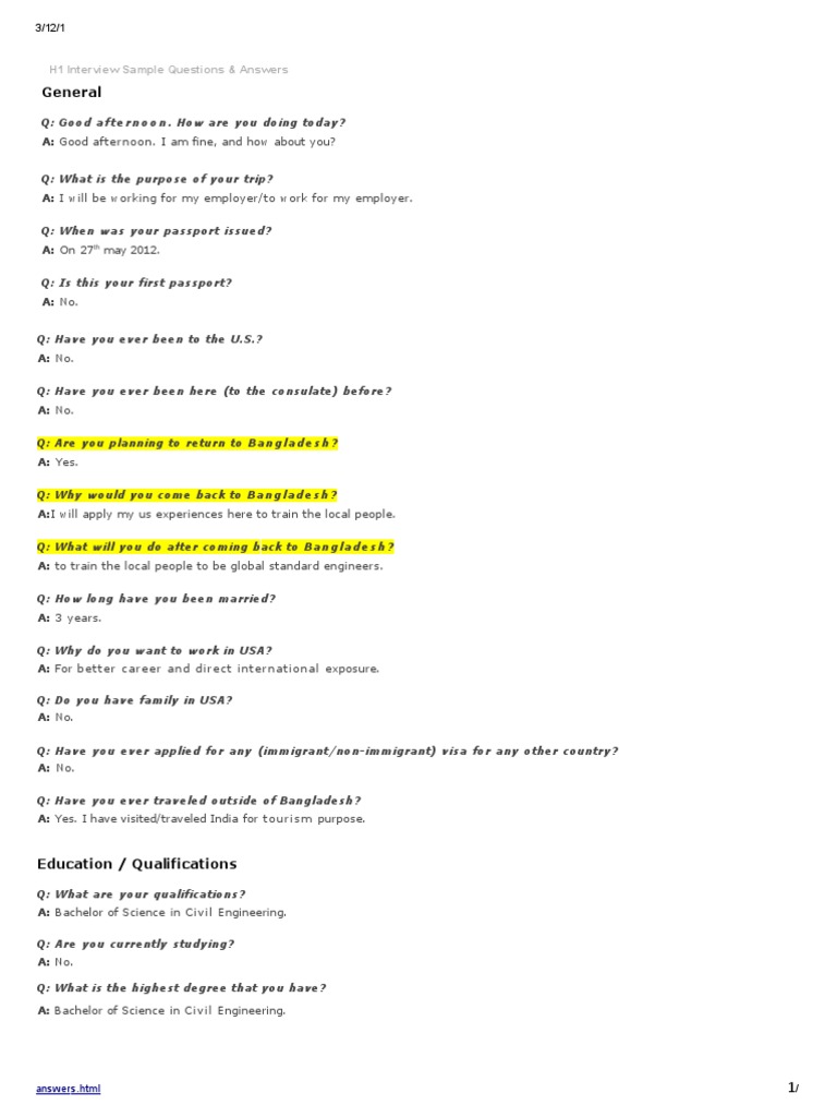 H1 Visa Interview Questions