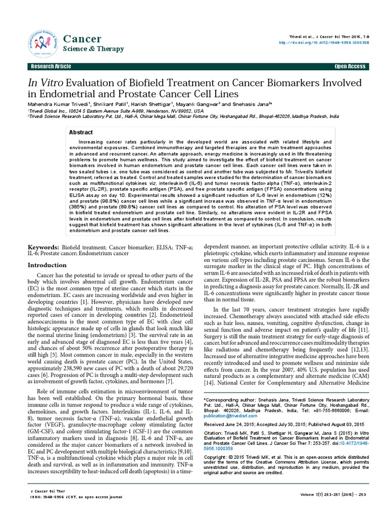 Trivedi Effect - in Vitro Evaluation of Biofield Treatment On Cancer ...