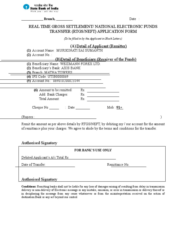 Neft Rtgs Format Sbi | PDF