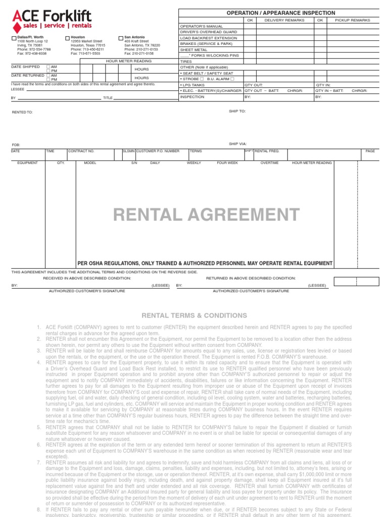 Ace Forklift Rental Agreement | Indemnity | Insurance