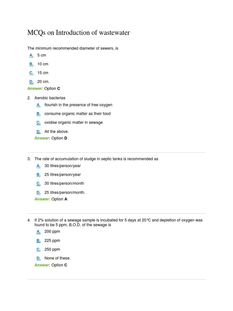 MCQs On Introduction of Wastewater PDF Sewage Treatment Sanitary