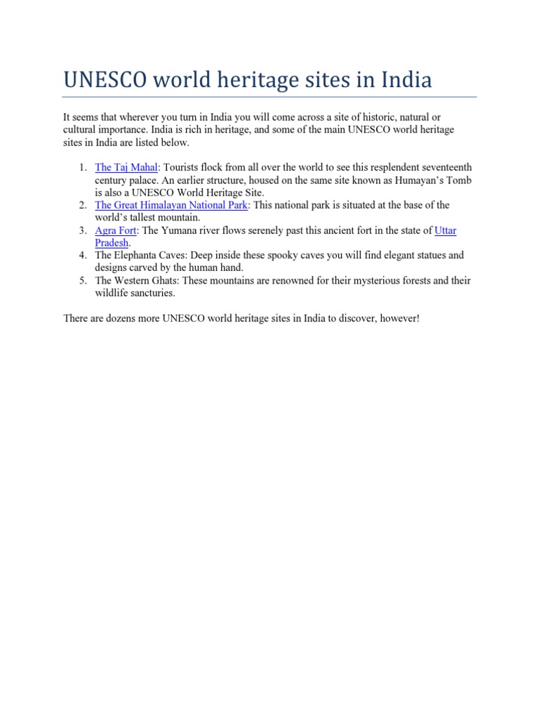 UNESCO World Heritage Sites in India | PDF | Tourism