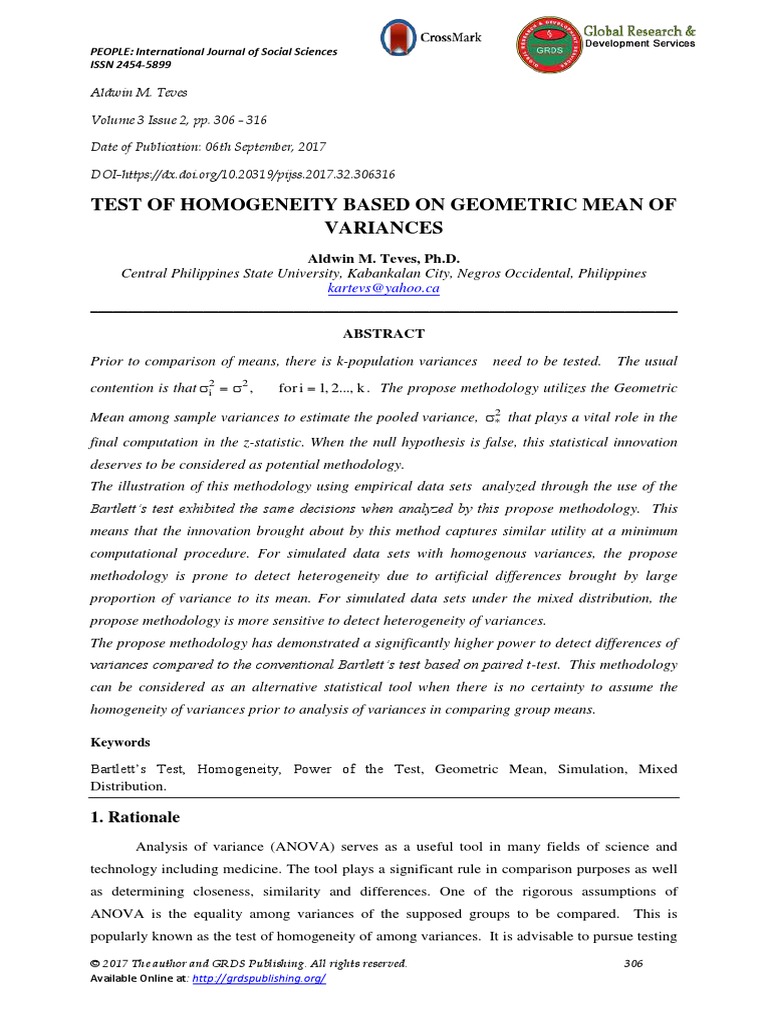 Test of Homogeneity Based On Geometric Mean of Variances | PDF | P ...