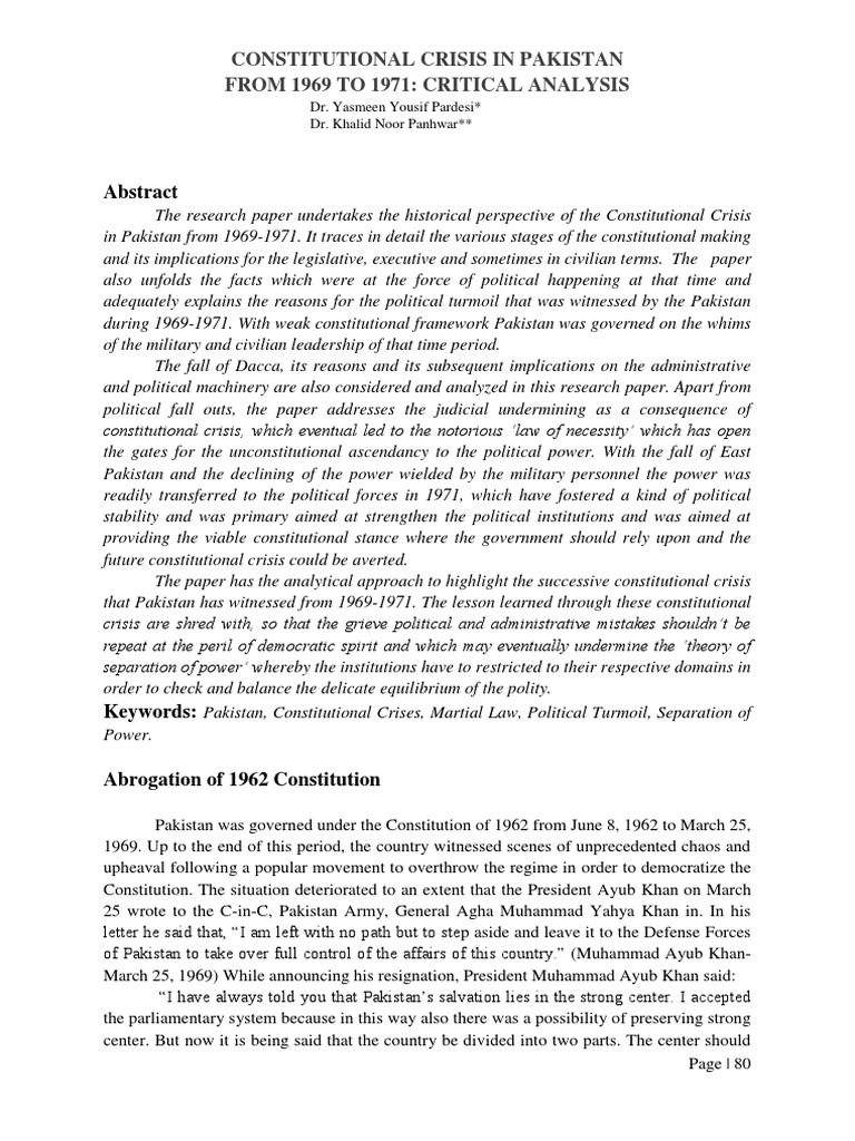 Constitutional Crisis in Pakistan From 1969 To 1971 Critical Analysis