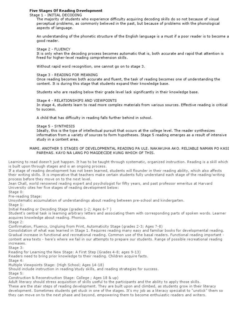 Chall's Five Stages of Reading Development | PDF | Fluency | Literacy