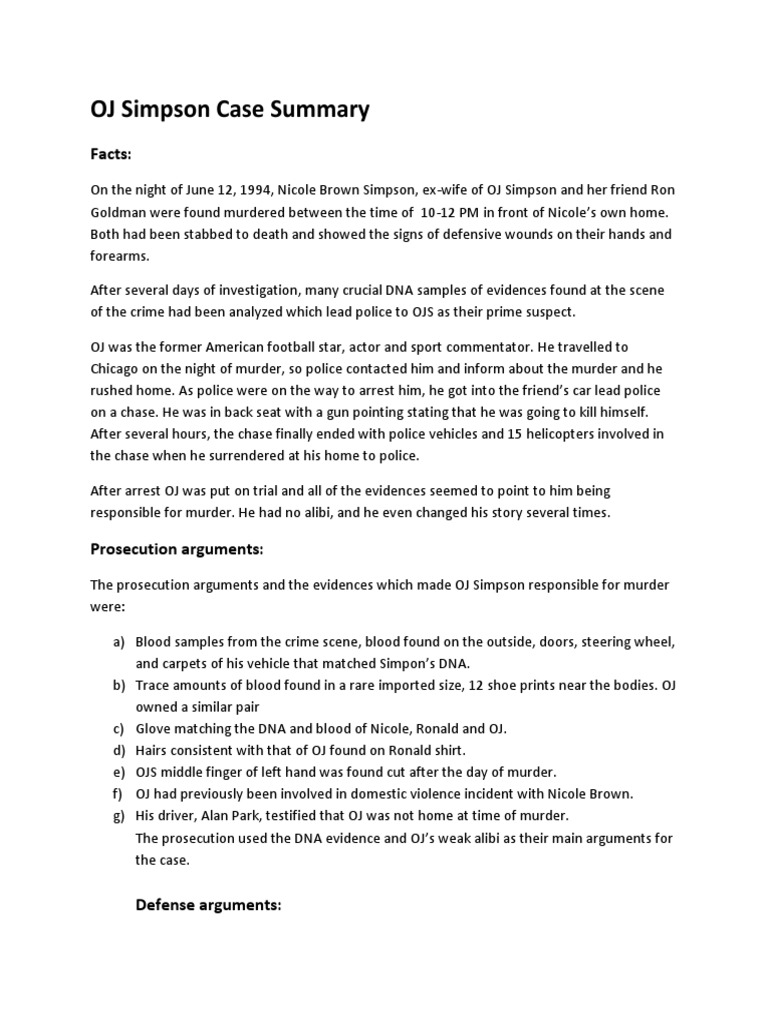 OJ Simpson Case Summary PDF Acquittal Evidence