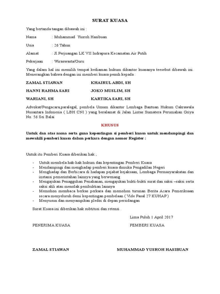 Contoh Surat Kuasa
