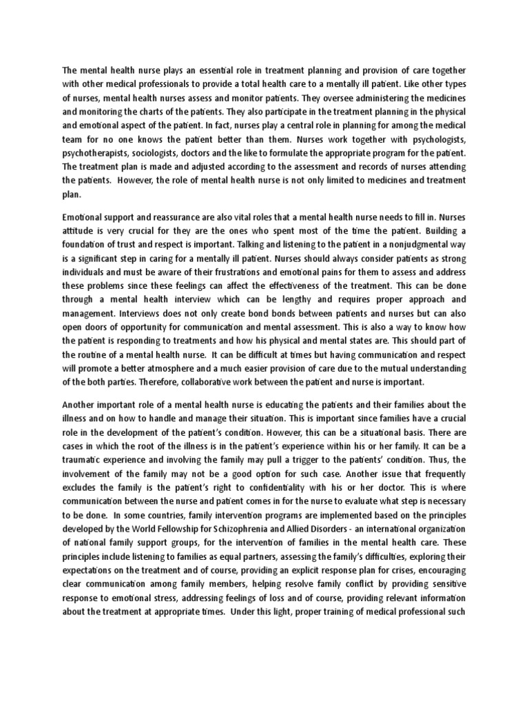 Roles of Nurses in MEntal Health Care | PDF | Mental Health | Nursing