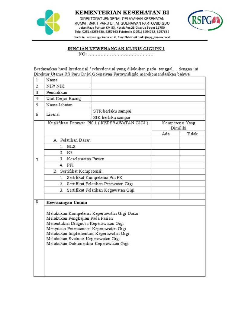 contoh Rincian Kewenangan Klinis Pk 1 Gigi