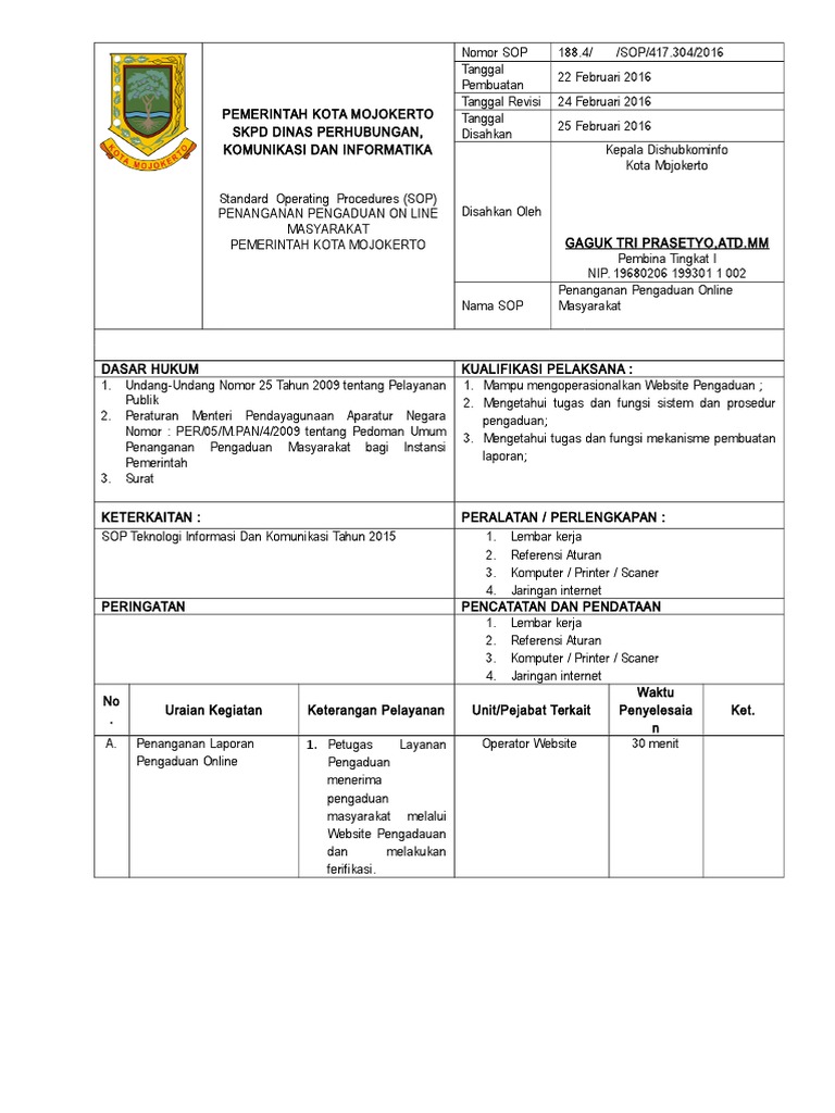 Sop Pengaduan On Line Kota Mojokerto Fix