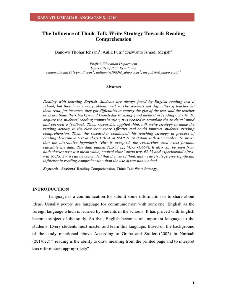 The Influence of Think-Talk-Write Strategy Towards Reading ...