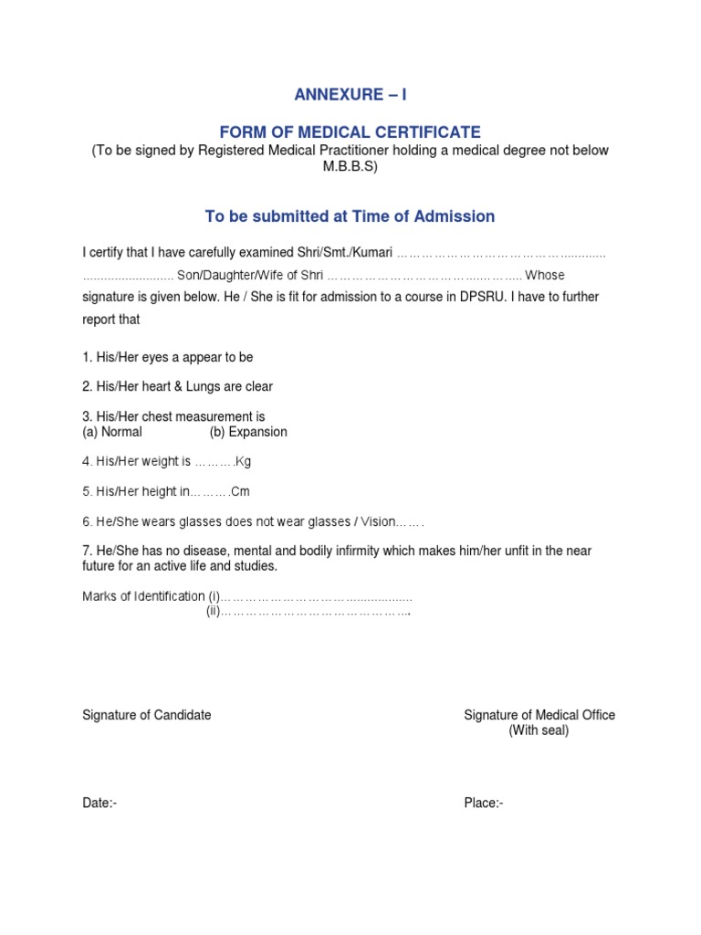 Annexure - I Form of Medical Certificate | PDF