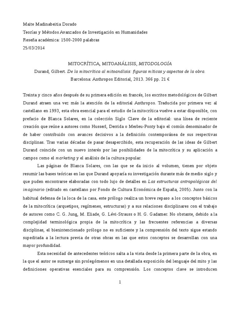 De La Mitocritica Al Mitoanalisis Rese PDF PDF Antropología Science