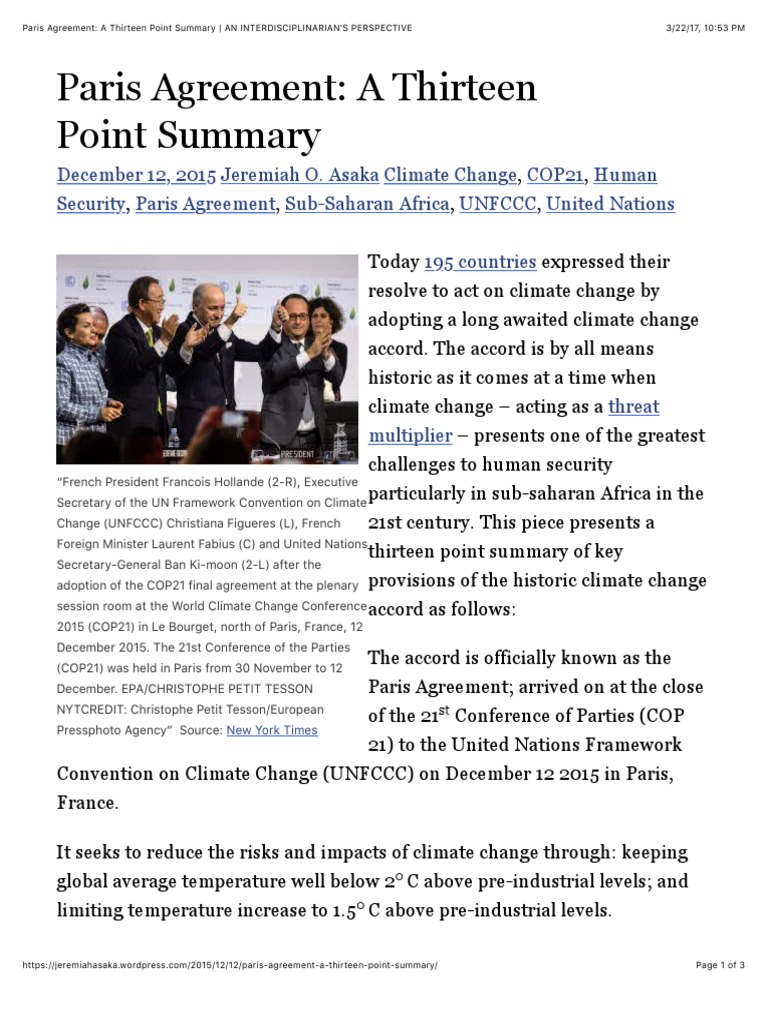 Paris Agreement 13 Point Summary | PDF | United Nations Framework ...
