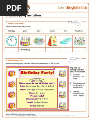 Writing Practice Birthday Party Invitation Worksheet