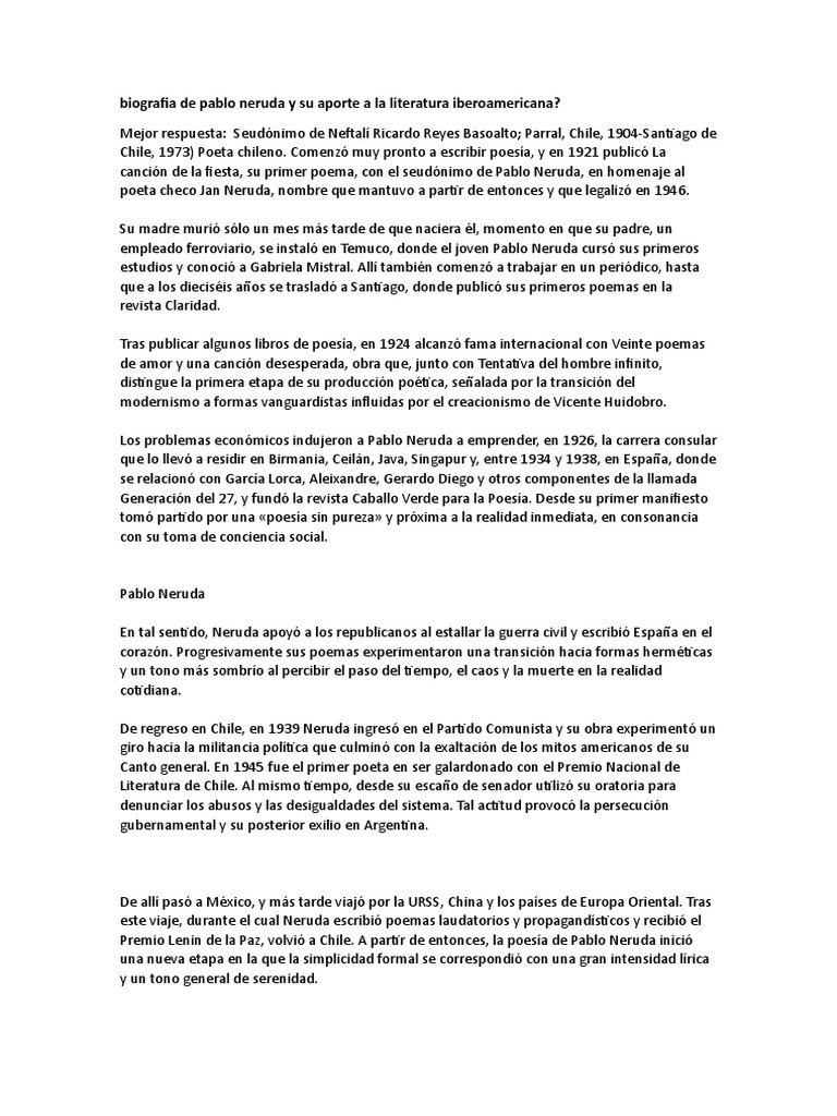 Biografia De Pablo Neruda Y Su Aporte A La Literatura Iberoamericana Poesia
