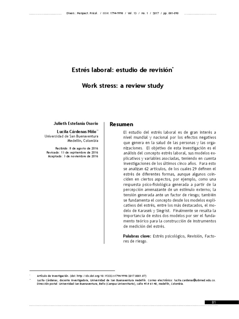 Estrés Laboral: Revisión de Modelos y Efectos | PDF | Estrés (biología ...
