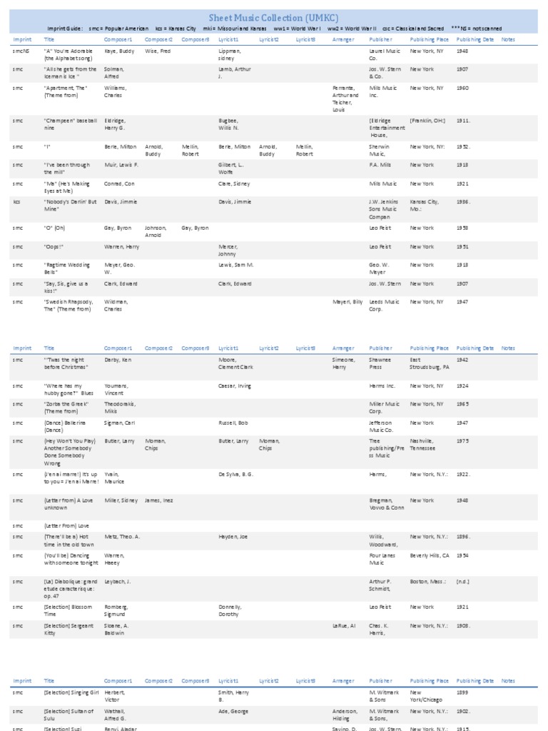 Col Sheet Music Finding Aid Entertainment General Leisure