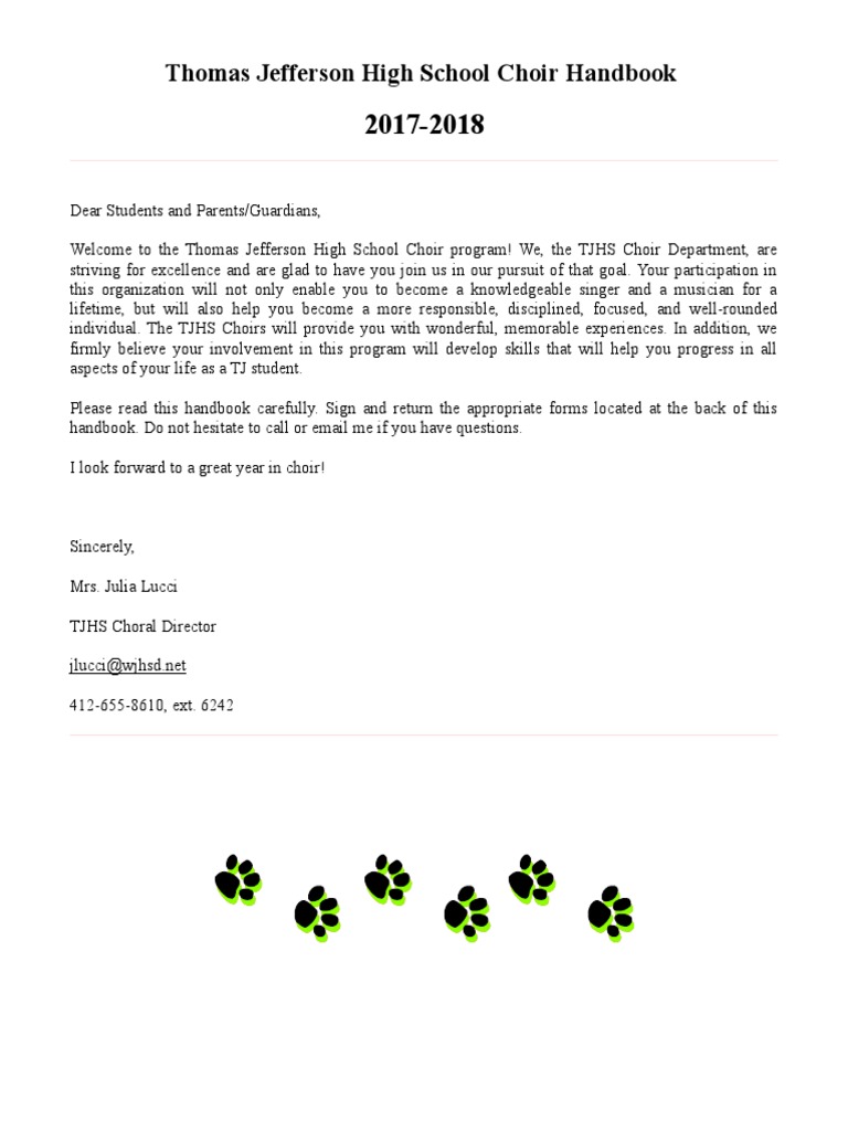 Thomas Jefferson High School Choir Handbook PDF Singing Choir