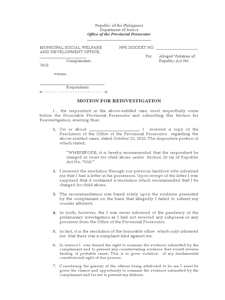 Motion for Reinvestigation Respondent Requests Reinvestigation of Case Due to Lack of Notice