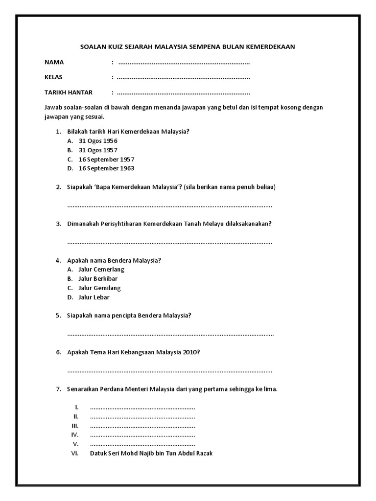 Soalan Kuiz Sejarah Malaysia Sempena Bulan Kemerdekaan  PDF