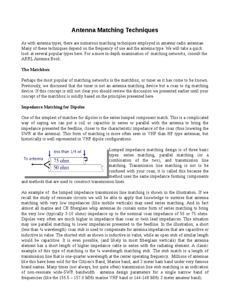 Antenna Impedance Matching Techniques | PDF | Antenna (Radio) | Coaxial ...