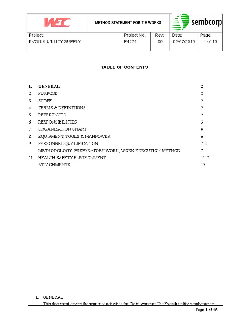 Method Statement For Tie in PDF Pipe (Fluid Conveyance) Crane