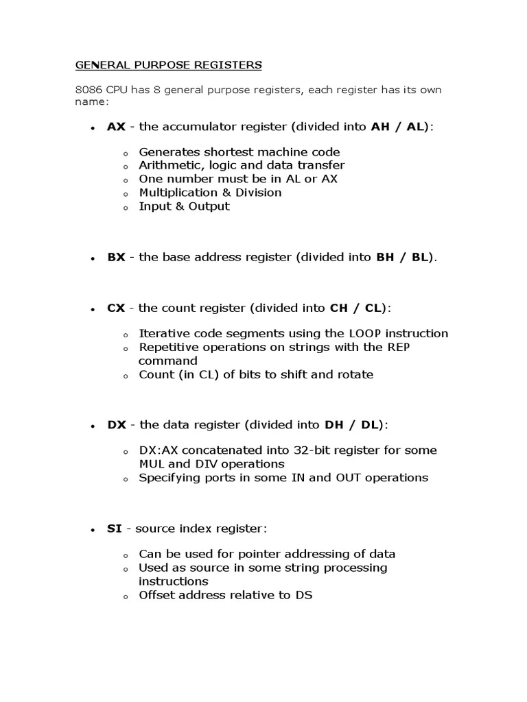 Overview of 8086 General Purpose Registers | PDF | Pointer (Computer ...