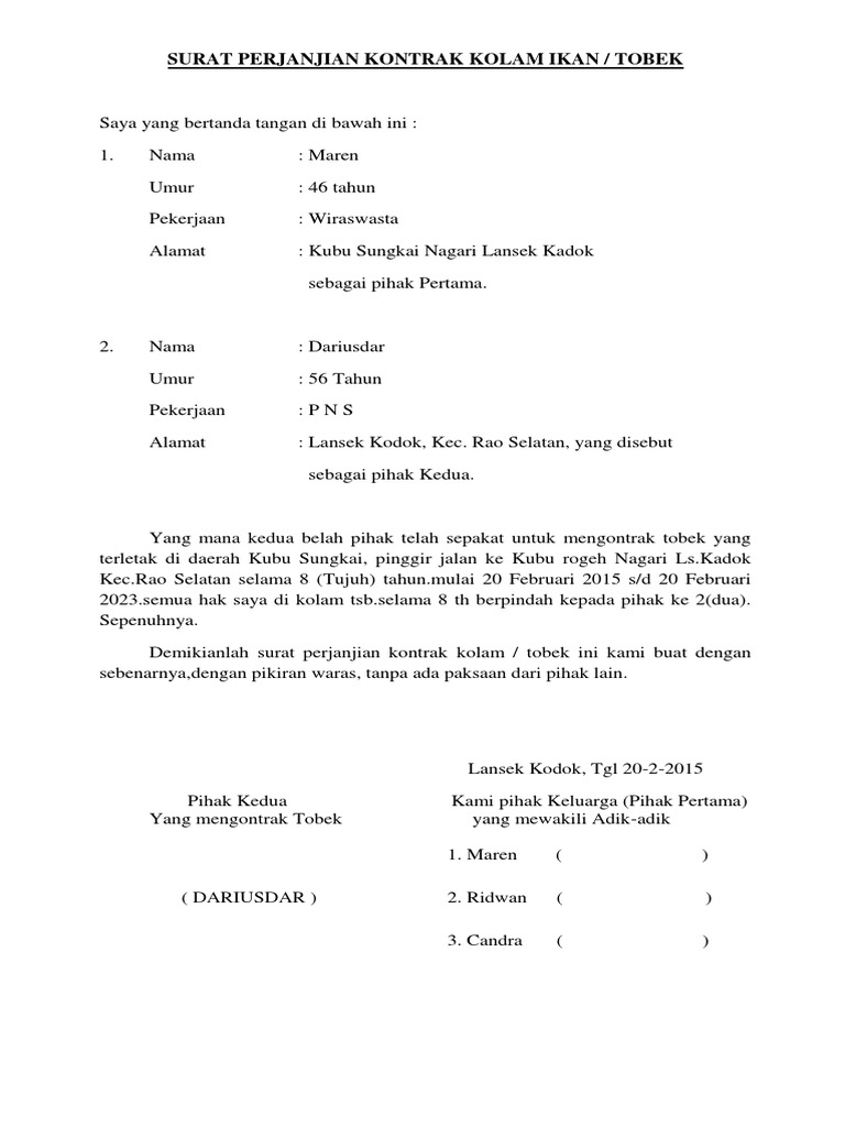 Contoh Surat Perjanjian Sewa Kolam Ikan