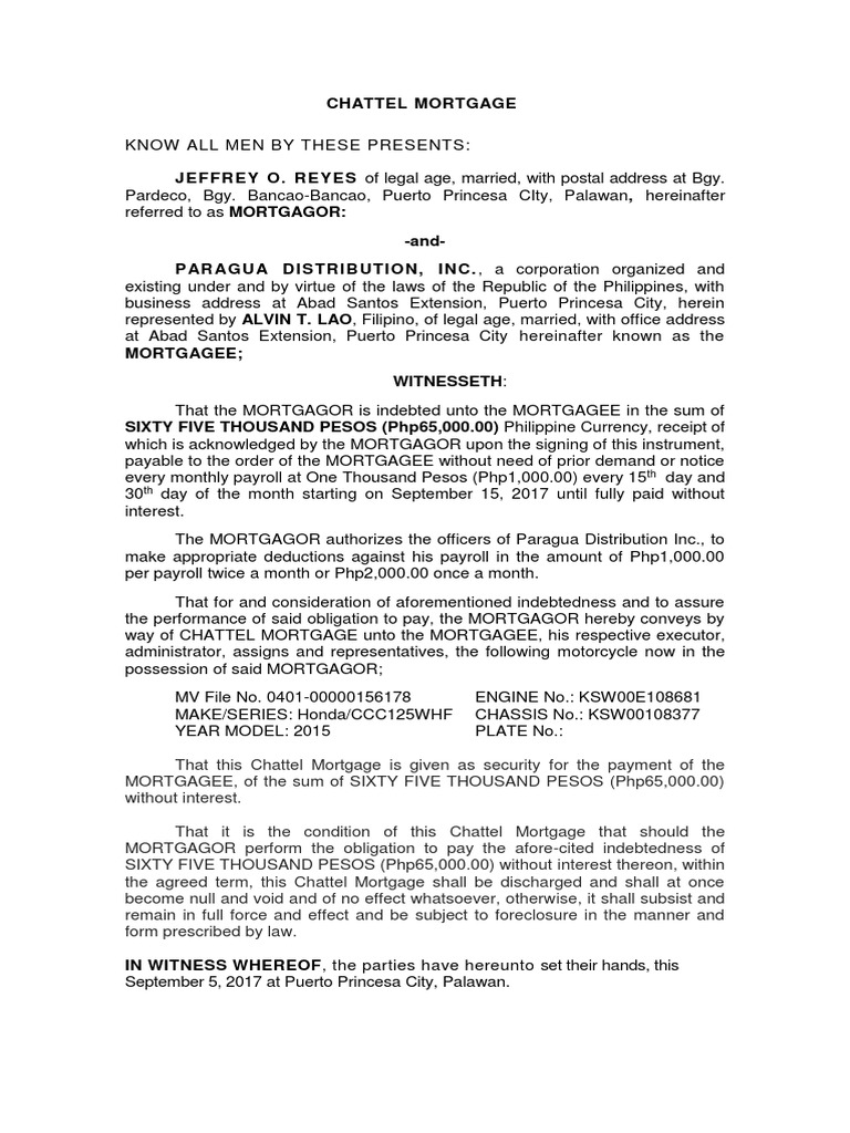 Chattel Mortgage Sample Mortgage Law Business Law