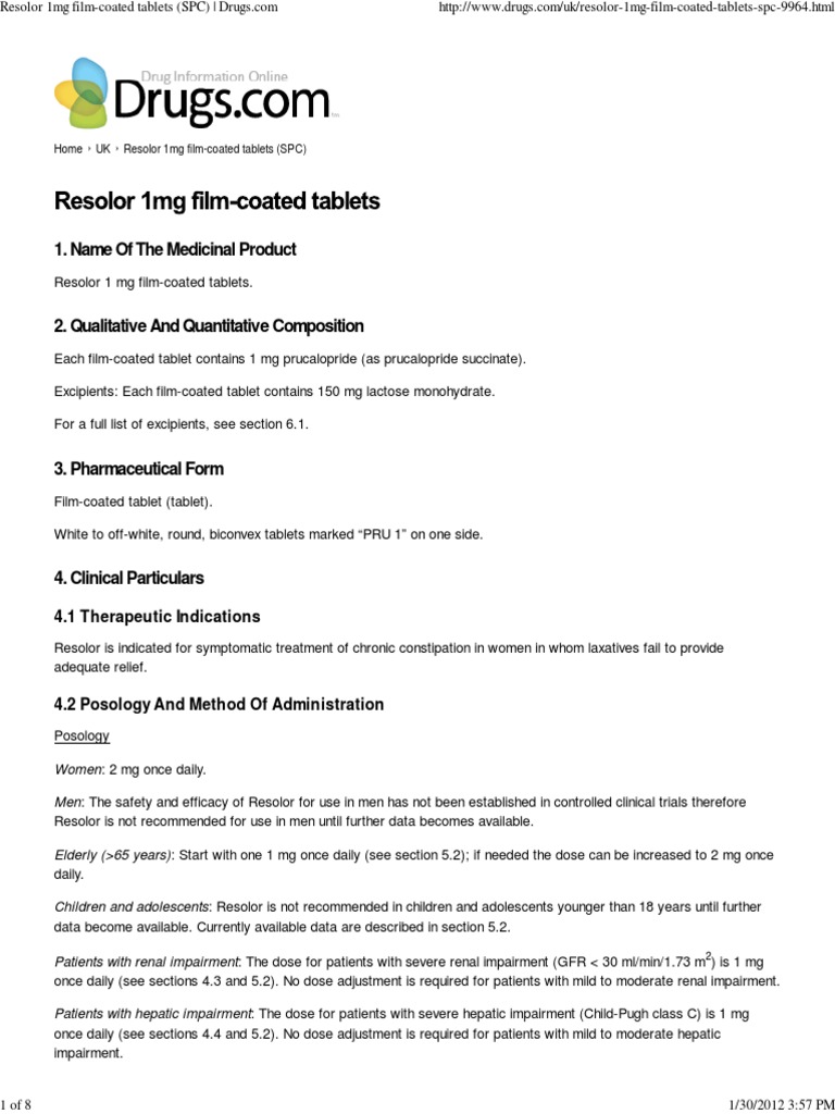 Resolor 1mg: Indications and Dosage | PDF | Pharmacokinetics | Medical ...