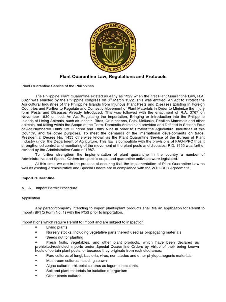 Plant Quarantine Law Quarantine Agriculture