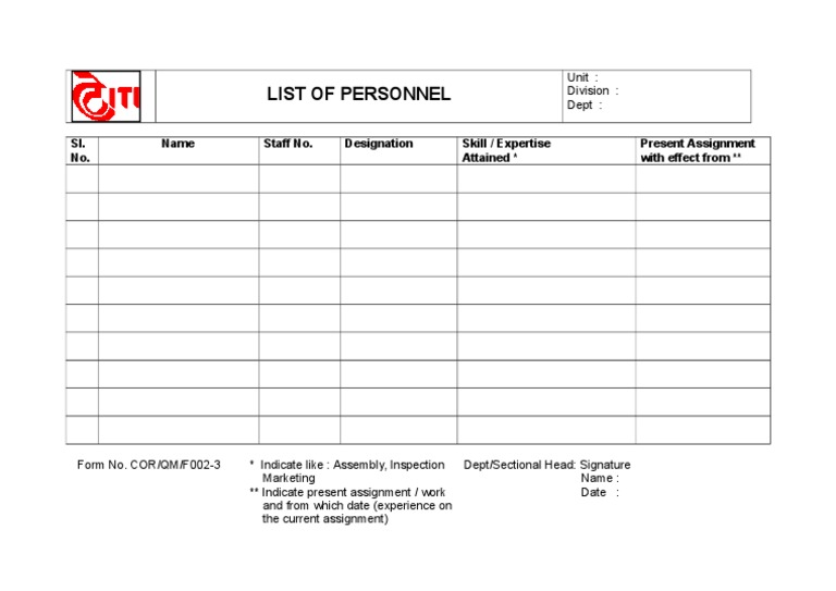 Personnel List with Skills and Assignments | PDF