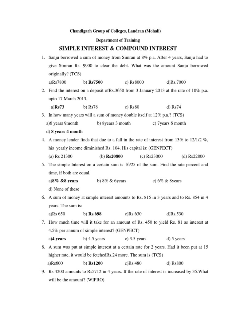 Simple Interest Problems and Solutions | PDF | Compound Interest | Interest