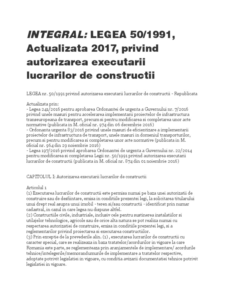 Legea 50 Din 1991 Actualizata 2017 Privind Autorizarea Executarii Lucrarilor De Constructii