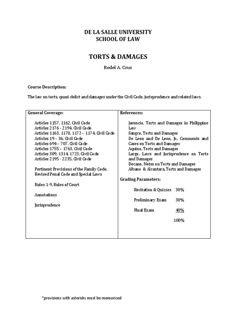 Torts and Damages Course Overview | PDF | Damages | Tort