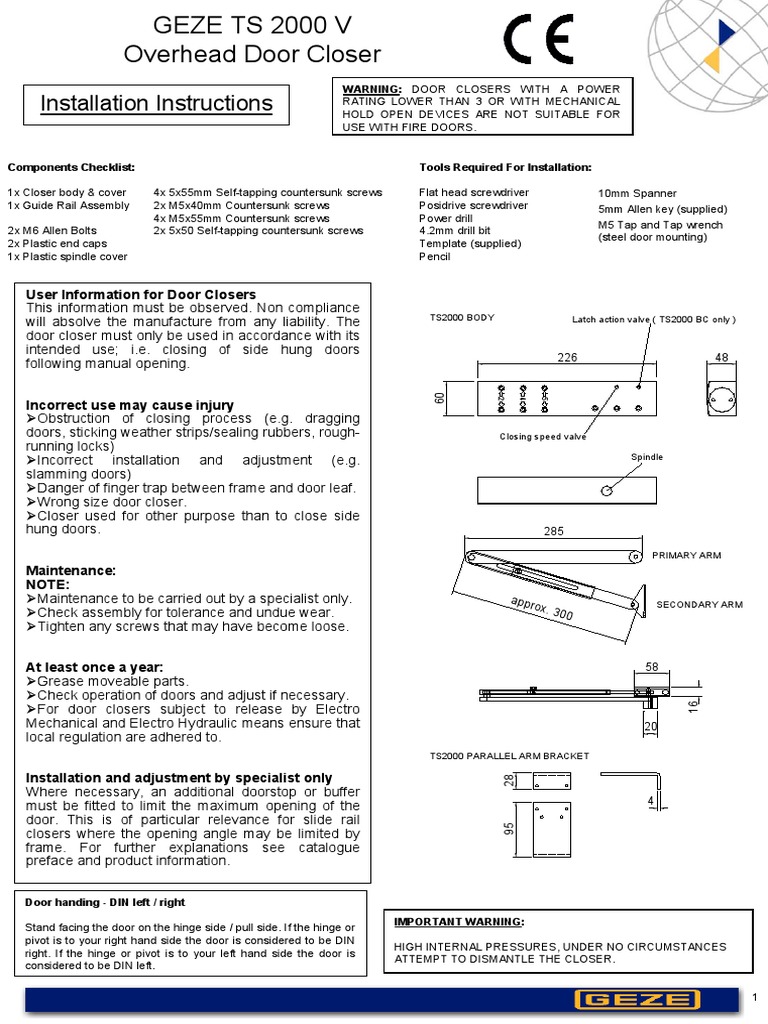 1004 GEZE TS2000 V Fitting Instructions PDF Door Screw